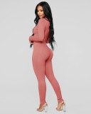 Pink Long Sleeve O-Neck Sheath Top and Pant Two Piece Set