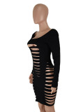 Black Ripped Long Sleeve U-Neck Mini Bodycon Dress