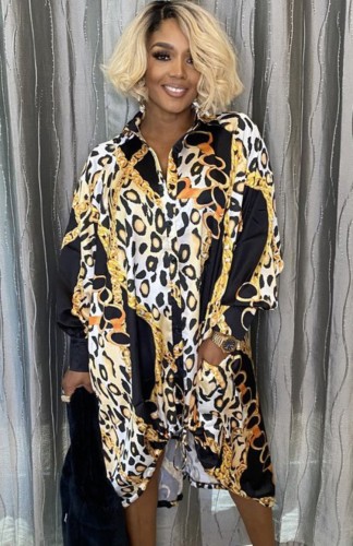 Leopard Button Up Turndown Collar Long Sleeve Loose Blouse Dress