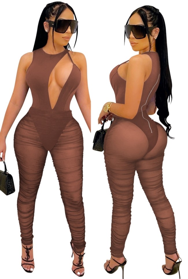 Brown Cut Out Mesh O-Neck Sleeveless Bodycon Jumpsuit