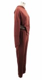 Brown Zipper Open Long Sleeve Irregular Hoody Top and Pant Two Piece Set
