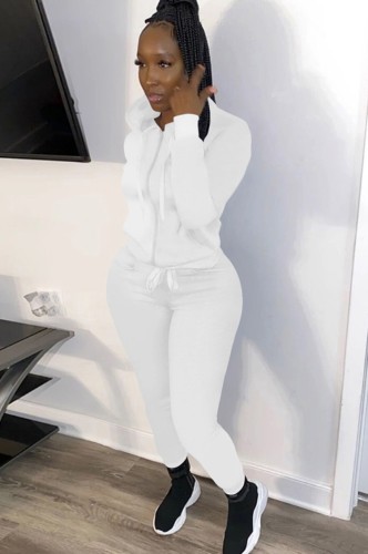 White Zipper Up Hoody Top and Pants Two Piece Set