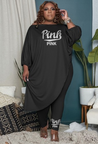 Plus Size Black Half Sleeve Loose Irregular Shirt and Matching Fitted Pants Two Piece Set