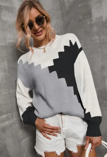 Color Block O-Neck Pullover Drop Shoulder Loose Sweater
