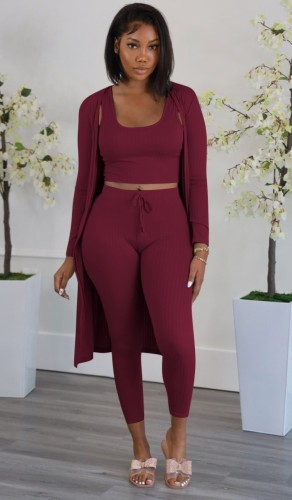 Burgunry Ribbed Tank Crop Top and Pants with Cardigan 3 Piece Set