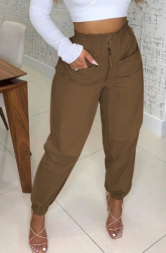 Brown Zipper Up High Waist Cargo Trousers with Pocket