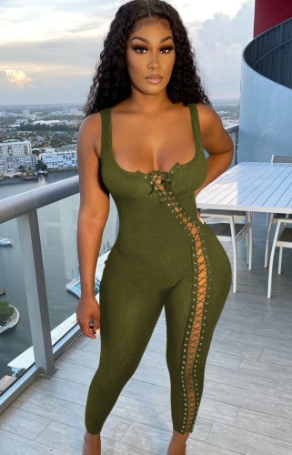 Green Ribbed Lace Up Sleeveless Slinky Vest Jumpsuit