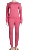 Pink Long Sleeves O-Neck Crop Top and Drawstring Sweatpants Two Piece Set
