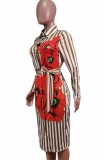 Floral Khaki Stripes Long Sleeve Button Up Midi Blouse Dress with Belt