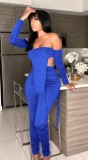Blue Off Shouder Long Sleeve Irregular Top and Ruched Pants Two Piece Set