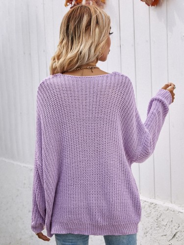 Purple V-Neck Drop Shoulder Loose Crochet Sweater Top