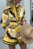 Printed Buttoned Up Stand Collar Long Sleeve Top and Shorts Two Piece Set