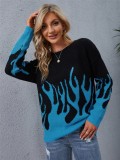 Black and Blue Flames Long Sleeve O-Neck Drop Shoulder Sweater