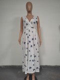 Butterfly White Sleeveless V-Neck Slit Maxi Dress