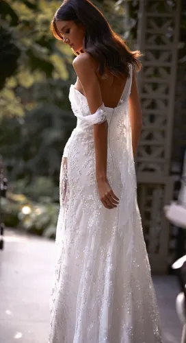 Floral Lace White One Shoulder Slit Long Wedding Dress