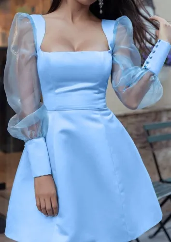 Blue Satin Square Neck Mesh Puff Sleeves Skater Dress