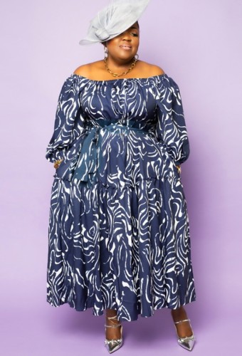 Plus Size Print Blue Off Shoulder Loose Maxi Dress with Belt