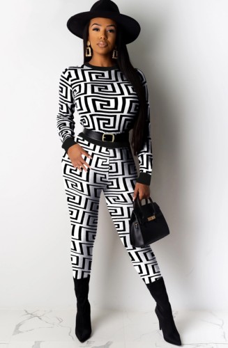 Black and White Printed Long Sleeve O-Neck Sheath Top and Pant Two Piece Set without Belt