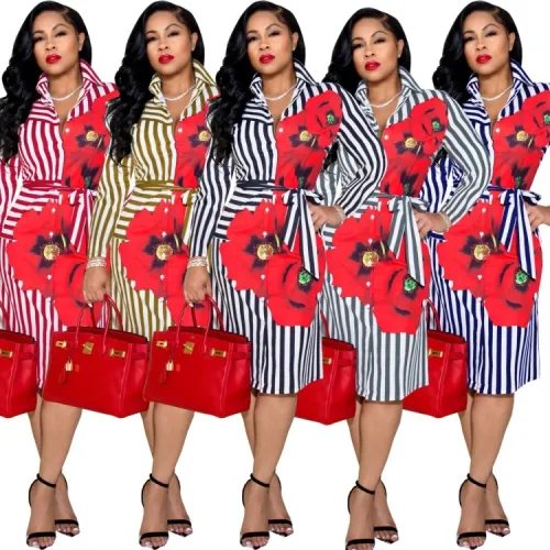 Floral Blue Stripes Long Sleeve Button Up Midi Blouse Dress with Belt
