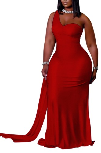Plus Size Red One Shoulder Slinky Maxi Dress