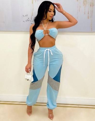 Blue Color Block Strapless Halter Bra and Drawstring Pants Two Piece Set