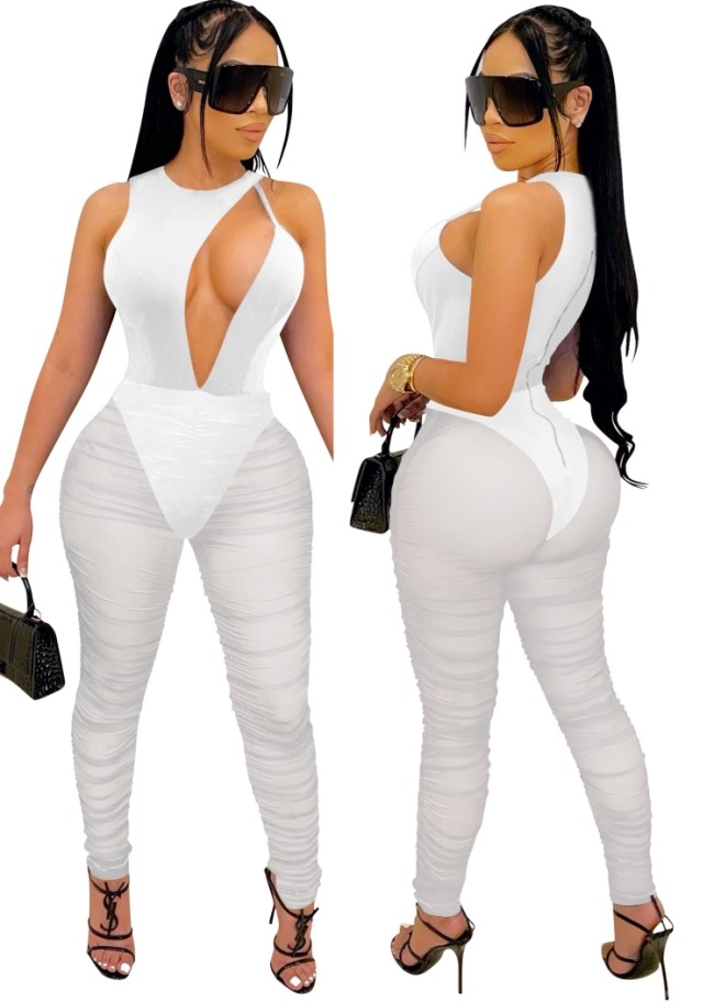 White Cut Out Mesh O-Neck Sleeveless Bodycon Jumpsuit