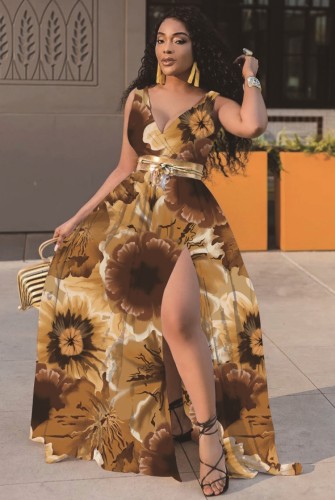 Floral Brown Sleeveless V-Neck Slit Maxi Dress