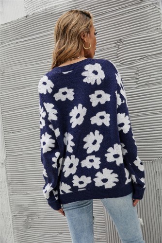 White Flower Long Sleeve O-Neck Drop Shoulder Sweater