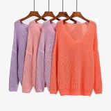 Purple V-Neck Drop Shoulder Loose Crochet Sweater Top