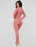 Pink Long Sleeve O-Neck Sheath Top and Pant Two Piece Set