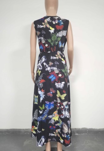 Butterfly Black Sleeveless V-Neck Slit Maxi Dress
