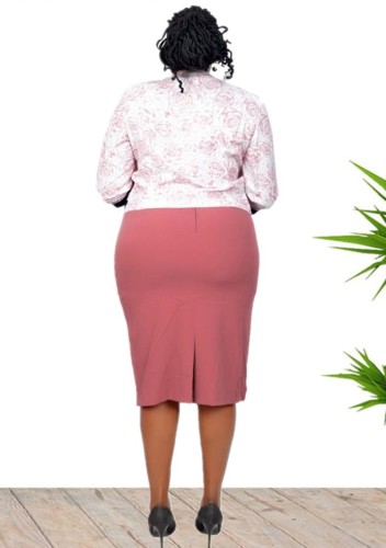 Plus Size Pink O-Neck Office Dress and Floral Coat Two Piece Set