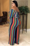 Plus Size Off Shoulder Multicolor Stripes Half Sleeve Loose Jumpsuit