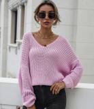 Rose V-Neck Drop Shoulder Loose Crochet Sweater Top