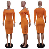 Orange Button Cut Out Long Sleeve Fitted Midi Dress