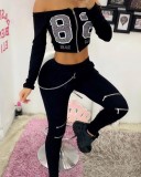Black Zipper Off Shoulder Rhinestone Letter Long Sleeve Crop Top and Pant Two Piece Set