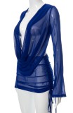 Blue Deep-V Mesh Overlap Long Sleeves Mini Dress