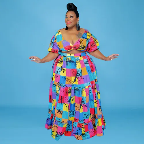 Sexy Plus Size Print Twist Crop Top and Long Skirt 2PCS Set