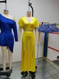 Yellow Sequin V-Neck Short Sleeve Crop Top and Slit Skirt Two Piece Set