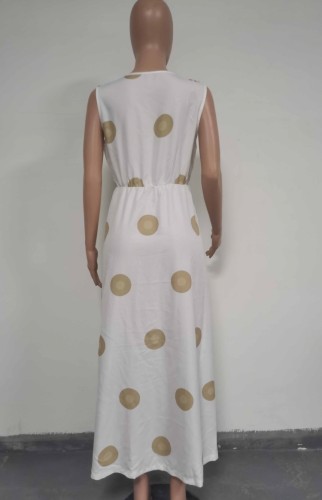 Polka Dot White Sleeveless V-Neck Slit Maxi Dress