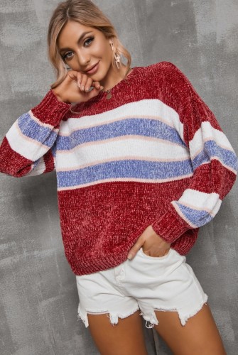 Wide Stripes Colorful O-Neck Pullover Drop Shoulder Loose Sweater