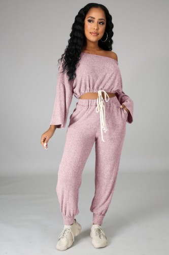 Pink Skew Neck Drawstring Crop Top and Pant Two Piece Set