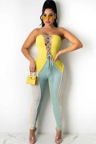 Patchwork Lace-Up Strapless Ribbed Tight Jumpsuit