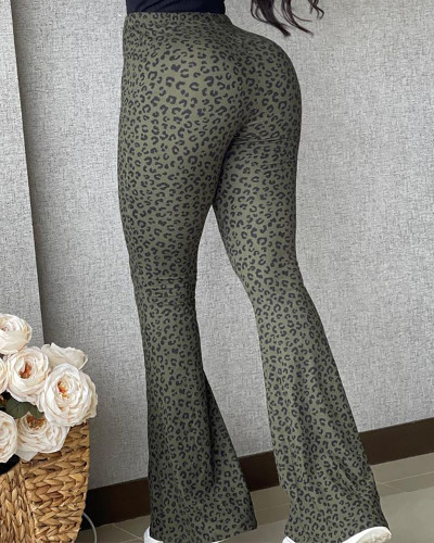 Leopard Print Dark Grey High Waist Flare Trousers