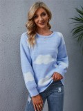 White Cloud Long Sleeve O-Neck Drop Shoulder Blue Sweater