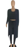 Black Ribbed Tank Crop Top and Pants with Cardigan 3 Piece Set