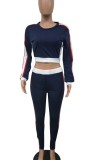 Color Block Long Sleeves O-Neck Tight Crop Top and Pants Two Piece Set