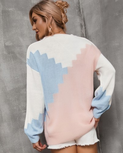 Color Block O-Neck Pullover Drop Shoulder Loose Sweater