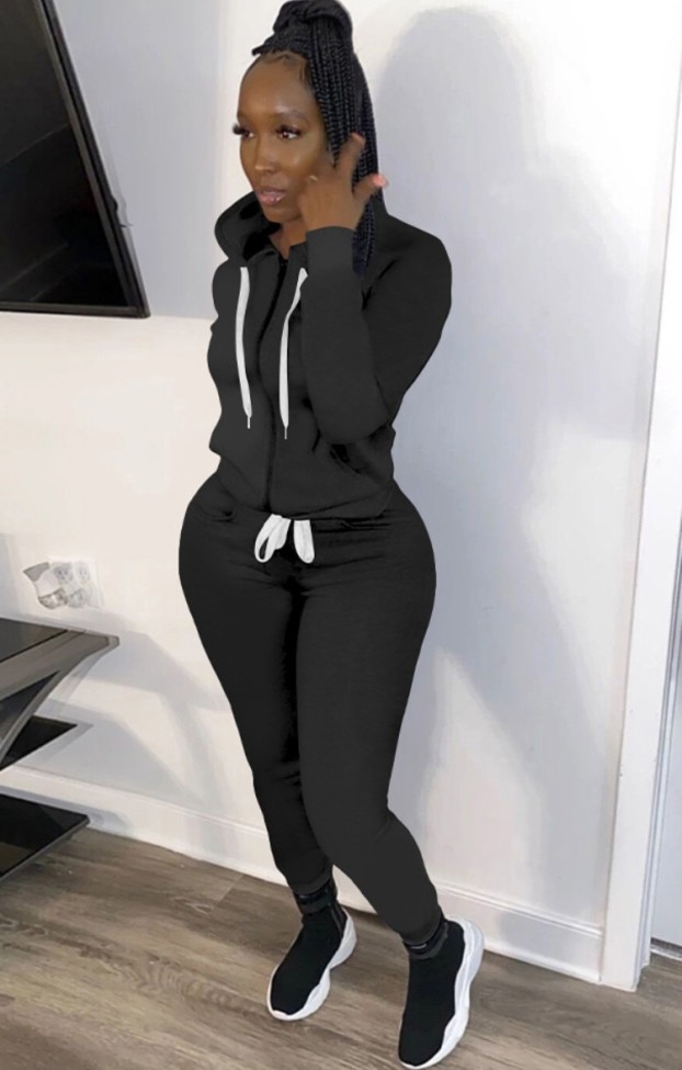 Black Zipper Up Hoody Top and Pants Two Piece Set