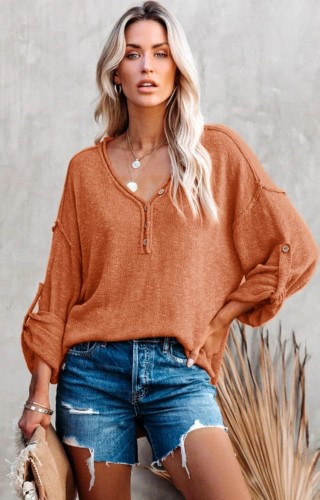 Brown V-Neck Drop Shoulder Loose Knit Top